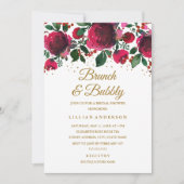 バーガンディーレッド金ゴールドフローラブランチとバブリー 招待状 (正面)