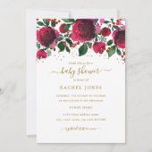 バーガンディーレッド金ゴールドフローラベビーシャワー 招待状 (正面)