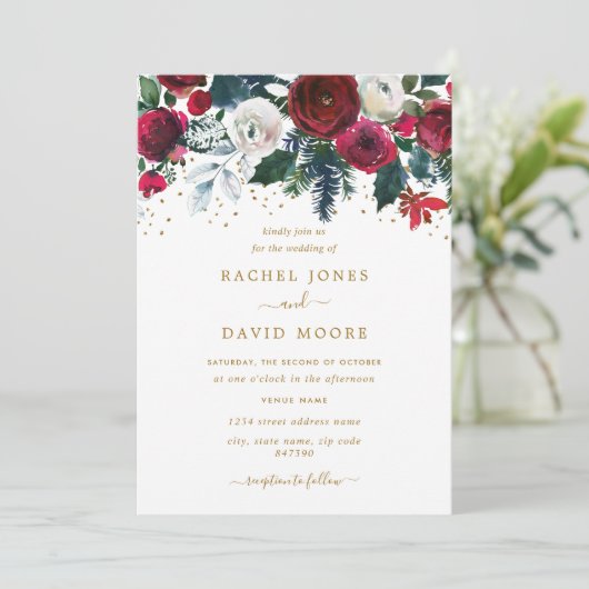 バーガンディーレッド金ゴールドフローラ結婚クリスマス 招待状 (スタンド正面)