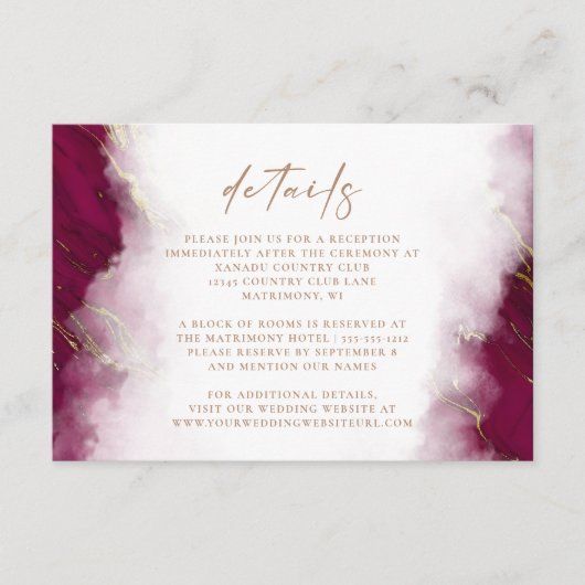 バーガンディーレッド金ゴールド結婚マーブル詳細 エンクロージャーカード (正面)