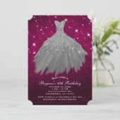 バーガンディーレッド&シルバースパークルドレス甘い16パーティー 招待状 (スタンド正面)