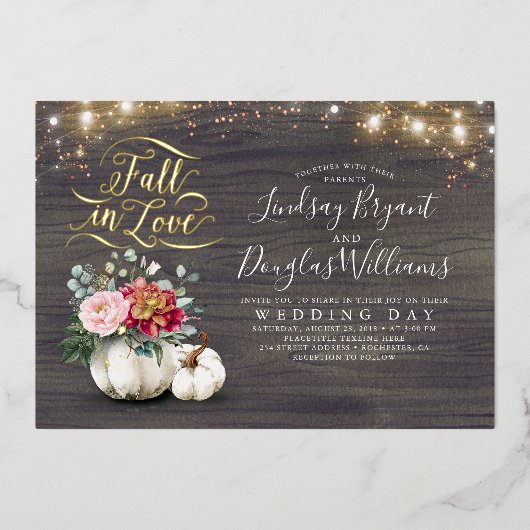 バーガンディーレッド&ピンクフローラカボチャ秋の結婚式 箔招待状 (正面)