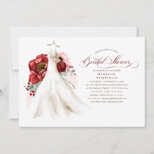 バーガンディーレッド&ピンクフローラドレスブライダルシャワー 招待状 (正面)