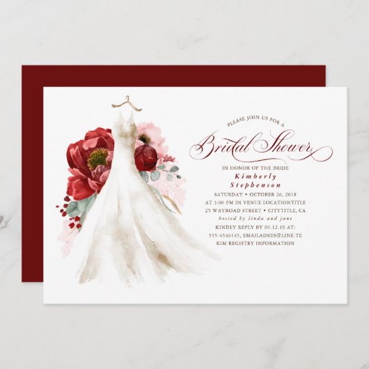 バーガンディーレッド&ピンクフローラドレスブライダルシャワー 招待状 (正面/裏面)