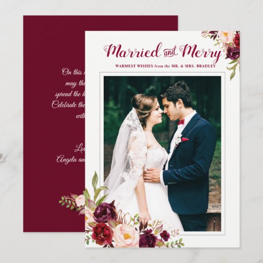 バーガンディーレッド フラワーマリッジ メリークリスマス フォト 招待状 (正面/裏面)