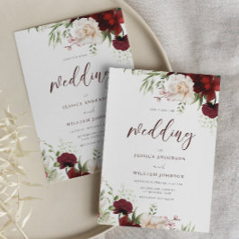 バーガンディーレッド&ホワイトフラワーエレガントな結婚式 招待状
