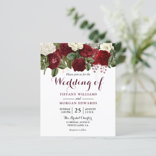 バーガンディーレッド&ホワイトフローラ予算の結婚式の招待 (スタンド正面)