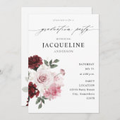 バーガンディーレッド&赤面ピンクフローラ卒業パーティー 招待状 (正面/裏面)