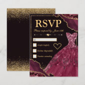 バーガンディーレッド&金ゴールドグリッターアゲート&ドレススウィート16 出欠カード (正面/裏面)