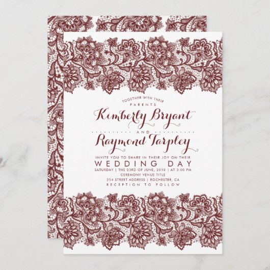 バーガンディーレースエレガントビンテージ結婚式 招待状 (正面/裏面)