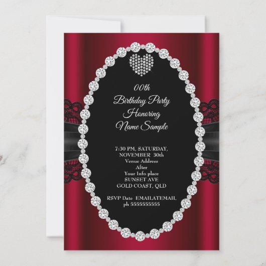 バーガンディーレースダイヤモンドハートフォトバースデーパーティー 招待状 (裏面)