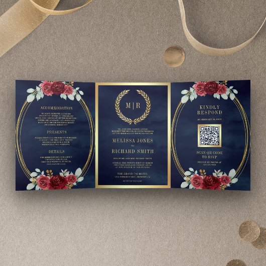 バーガンディーローズがすべて詰まったQRコードネイビーブルーの結婚式 三つ折り招待状