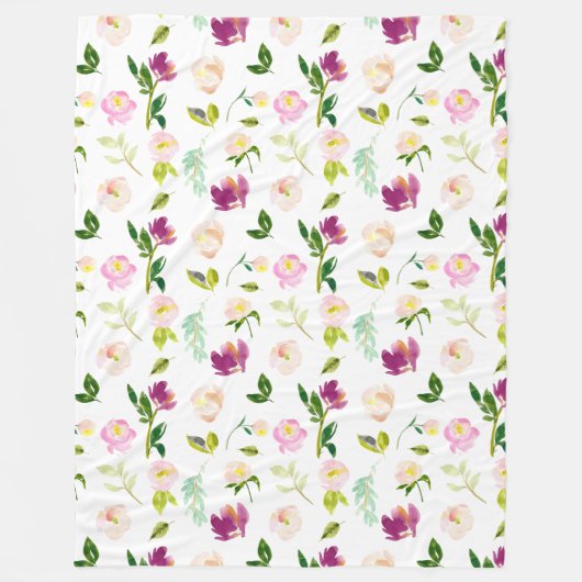 バーガンディーワインとピンクウォーターのカラーフローラ フリースブランケット (正面)