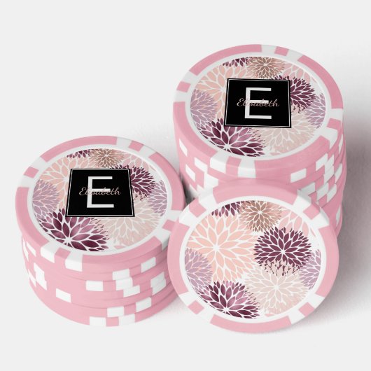 バーガンディーワインとピンクウォーター色フローラモノグラム ポーカーチップ (積み重ね)