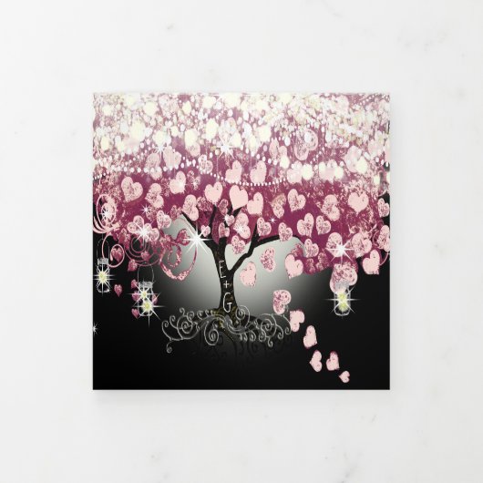 バーガンディーワインレッド&ピンクハートリーフツリー結婚ズ 三つ折り招待状 (カバー)