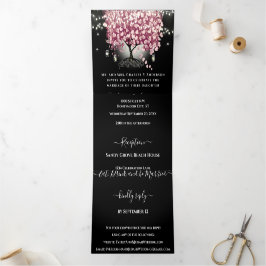 バーガンディーワインレッド&ピンクハートリーフツリー結婚ズ 三つ折り招待状