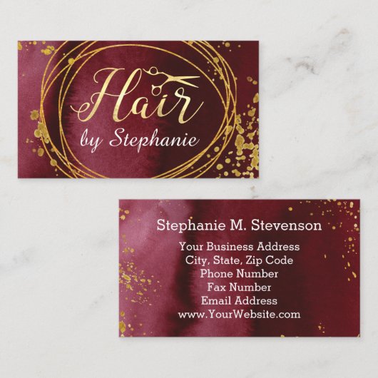 バーガンディーワイン金ゴールドはさみヘアスタイリストの髪のサロン 名刺 (正面/裏面)