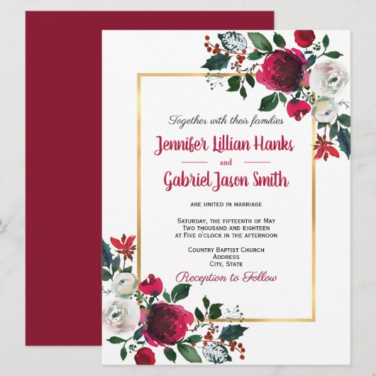 バーガンディー水彩ローズ フローラル ゴールドフレーム ウェディング 招待状 (正面/裏面)