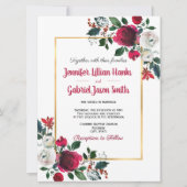 バーガンディー水彩ローズ フローラル ゴールドフレーム ウェディング 招待状 (正面)