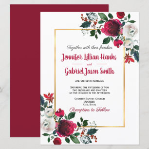 バーガンディー水彩ローズ フローラル ゴールドフレーム ウェディング 招待状