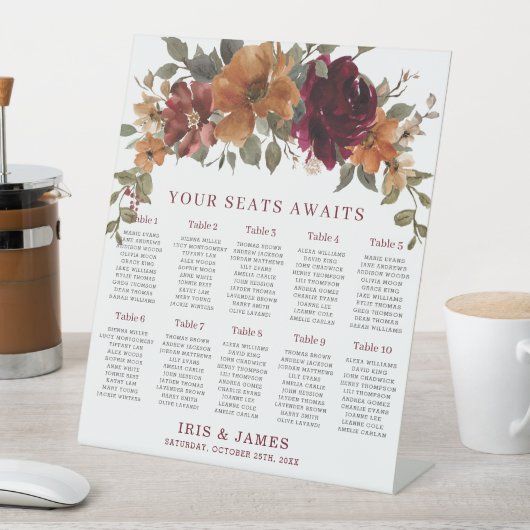 バーガンディー焼けオレンジ結婚色フローラの座席表 台座サイン (インサイチュ)