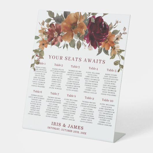 バーガンディー焼けオレンジ結婚色フローラの座席表 台座サイン (正面)