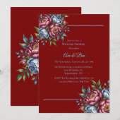 バーガンディー牡丹と青いバラのウェディングシャワー 招待状 (正面/裏面)