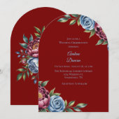 バーガンディー牡丹と青いバラのウェディングセレブレーション 招待状 (正面/裏面)