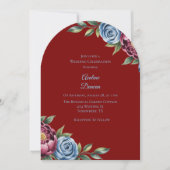 バーガンディー牡丹と青いバラのウェディングセレブレーション 招待状 (正面)