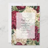 バーガンディー、アイボリー、フォレストグリーンの花の結婚式 招待状 (正面)