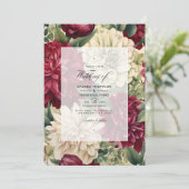 バーガンディー、アイボリー、フォレストグリーンの花の結婚式 招待状 (スタンド正面)