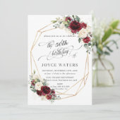 バーガンディー アイボリー フローラル グリーンレイ ボタン 誕生日 ジオメトリック 招待状 (スタンド正面)