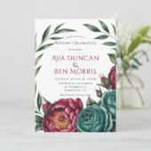 バーガンディー＆エメラルド ピオニー ウィンター ウェディング 招待状 (スタンド正面)