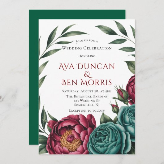 バーガンディー＆エメラルド ピオニー ウィンター ウェディング 招待状 (正面/裏面)