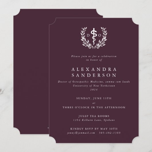 バーガンディー オステオパシー医学博士号 卒業 招待状 (正面/裏面)