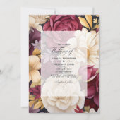 バーガンディー、ゴールド、アイボリーの花の秋の結婚式 招待状 (正面)