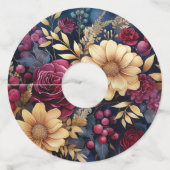 バーガンディー、ゴールド、ネイビーの花柄 ワイングラスタグ (正面)