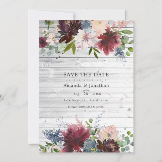 バーガンディー、ネイビー、ブッシュの花をフィーチャーした結婚式の写真 セーブザデート (正面)