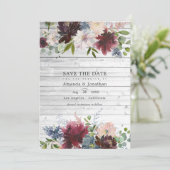 バーガンディー、ネイビー、ブッシュの花をフィーチャーした結婚式の写真 セーブザデート (スタンド正面)