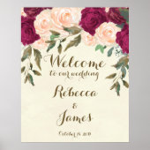バーガンディー ピンクの花の結婚式ウェルカムポスター看板 ポスター (正面)
