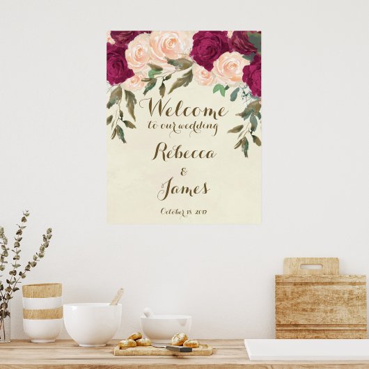 バーガンディー ピンクの花の結婚式ウェルカムポスター看板 ポスター (キッチン)