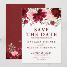 バーガンディー ピンク 水彩 花 Save the Date