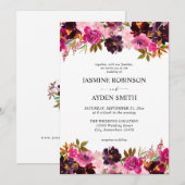 バーガンディー、ホット＆ブッシュピンク＆パープル フラワー ウェディング 招待状 (正面/裏面)