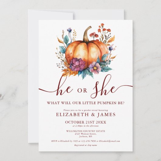 バーガンディー ラスティック オータム フラワル パンプキン 性別発表 招待状 (正面)