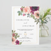 バーガンディー ラスティック フローラル グリーン ボヘミア ウェディング 招待状 (スタンド正面)
