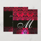 バーガンディー レッド ブラック ダマスク モノグラム, ルビー ホワイト 招待状 (正面/裏面)