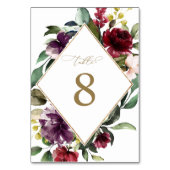 バーガンディー ヴィオレット フラワーズ & ゴールド フレーム ウェディング テーブルナンバー (正面)