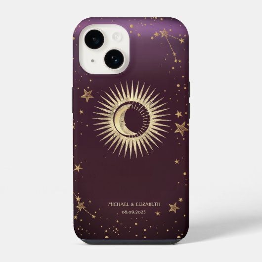 バーガンディー 天金太陽と月と星 iPhoneケース (裏面)