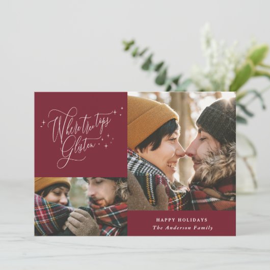 バーガンディ写真コラージュのスクリプエレガントトChristmas シーズンカード (スタンド正面)