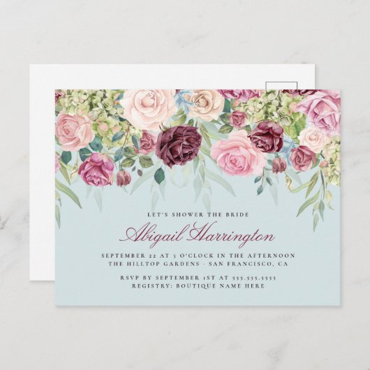 バーガンディ及びパステル調の水彩画の花柄のブライダルシャワー インビテーションポストカード (正面/裏面)